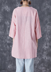 Women Pink Asymmetrical Print Linen Blouse Tops Fall