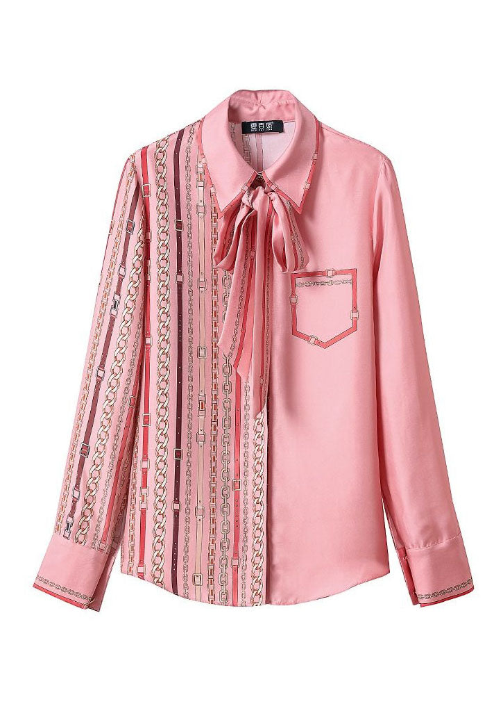 Women Pink Bow Tie Print Patchwork Silk Shirts Top Spring