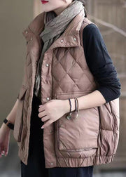 Women Pink Button Pockets Patchwork Duck Down Waistcoat Sleeveless