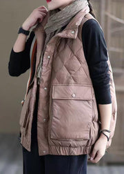 Women Pink Button Pockets Patchwork Duck Down Waistcoat Sleeveless