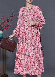 Women Pink Cinched Print Chiffon Holiday Dress Spring