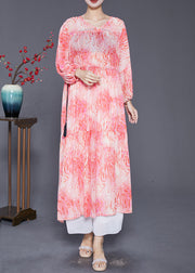 Women Pink Cinched Print Chiffon Vacation Dresses Fall