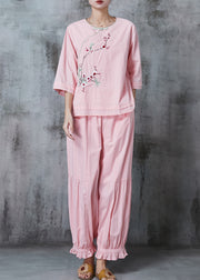 Women Pink Embroidered Oriental Cotton Two Piece Suit Set Summer