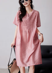 Women Pink Embroidered Oversized Linen Dresses Summer