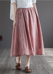 Women Pink Embroideried Chinese Button Linen Skirts Spring