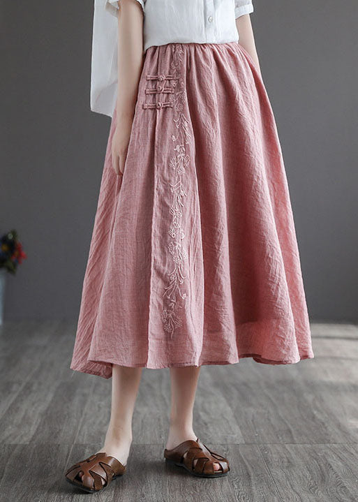 Women Pink Embroideried Chinese Button Linen Skirts Spring