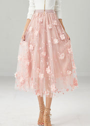 Women Pink Embroideried Stereoscopic Floral Tulle Skirt Fall