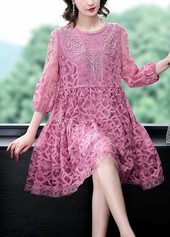 Women Pink Embroideried Tie Waist Lace Mid Dress Bracelet Sleeve