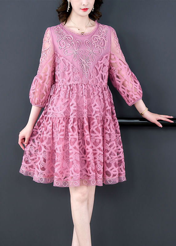 Women Pink Embroideried Tie Waist Lace Mid Dress Bracelet Sleeve