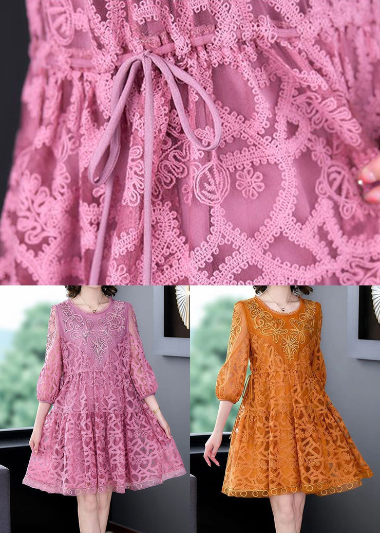 Women Pink Embroideried Tie Waist Lace Mid Dress Bracelet Sleeve