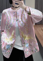 Women Pink Embroideried Wear On Both Sides Silk Coat Spring