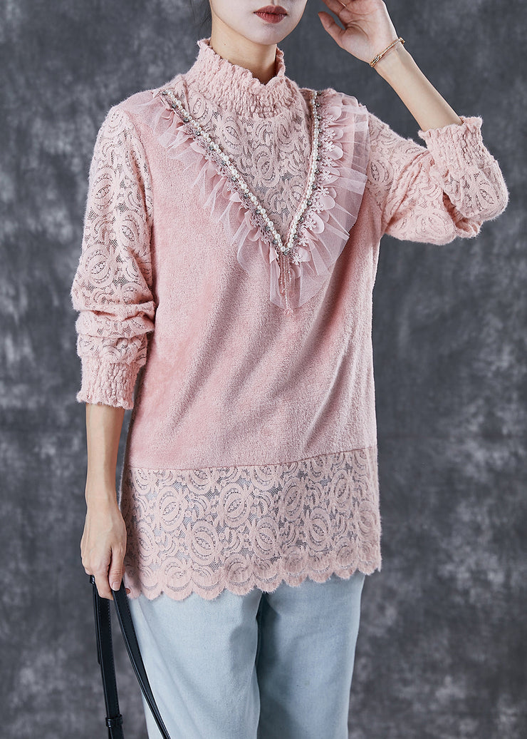 Women Pink High Neck Patchwork Lace Velour Shirts Winter