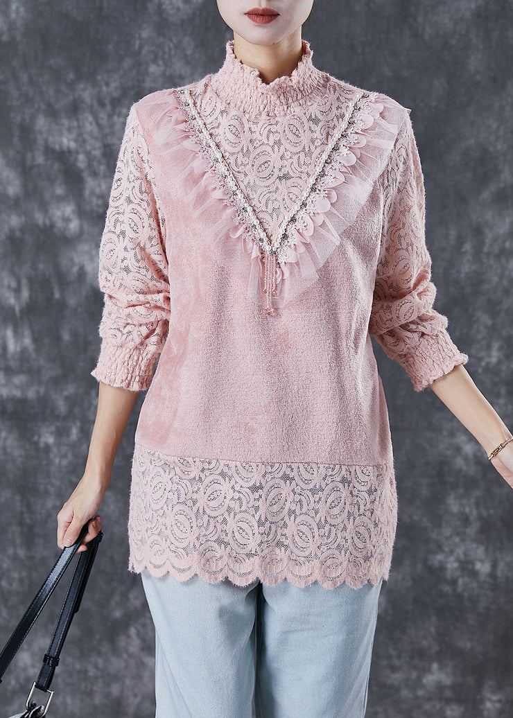 Women Pink High Neck Patchwork Lace Velour Shirts Winter