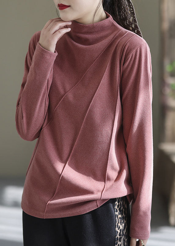 Women Pink High Neck Solid Wrinkled Velour Shirt Winter