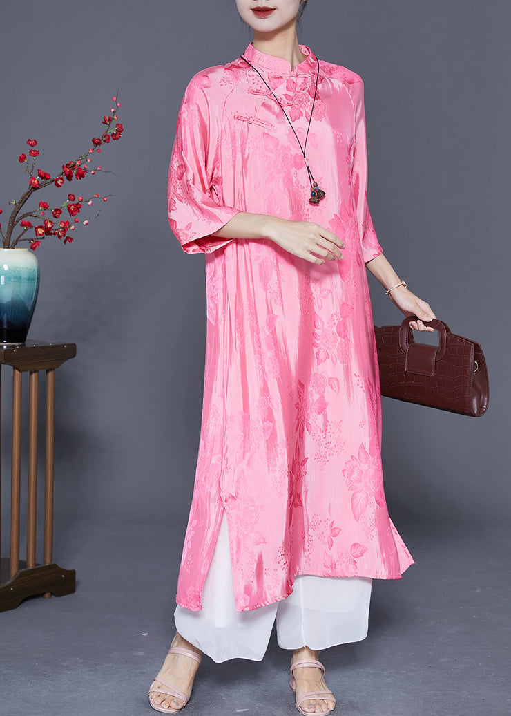 Women Pink Mandarin Collar Chinese Button Jacquard Silk Dress Summer