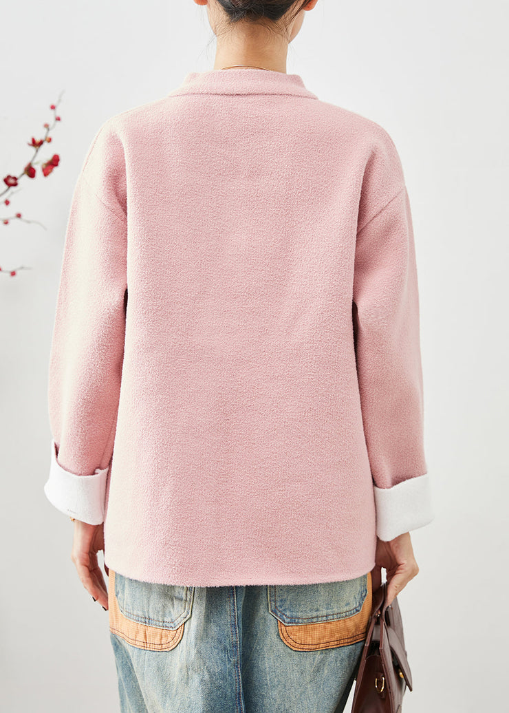 Women Pink Mandarin Collar Chinese Button Pockets Woolen Coats Fall