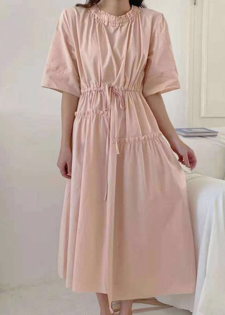 Women Pink O-Neck Asymmetrical Patchwork Cotton Dress Summer