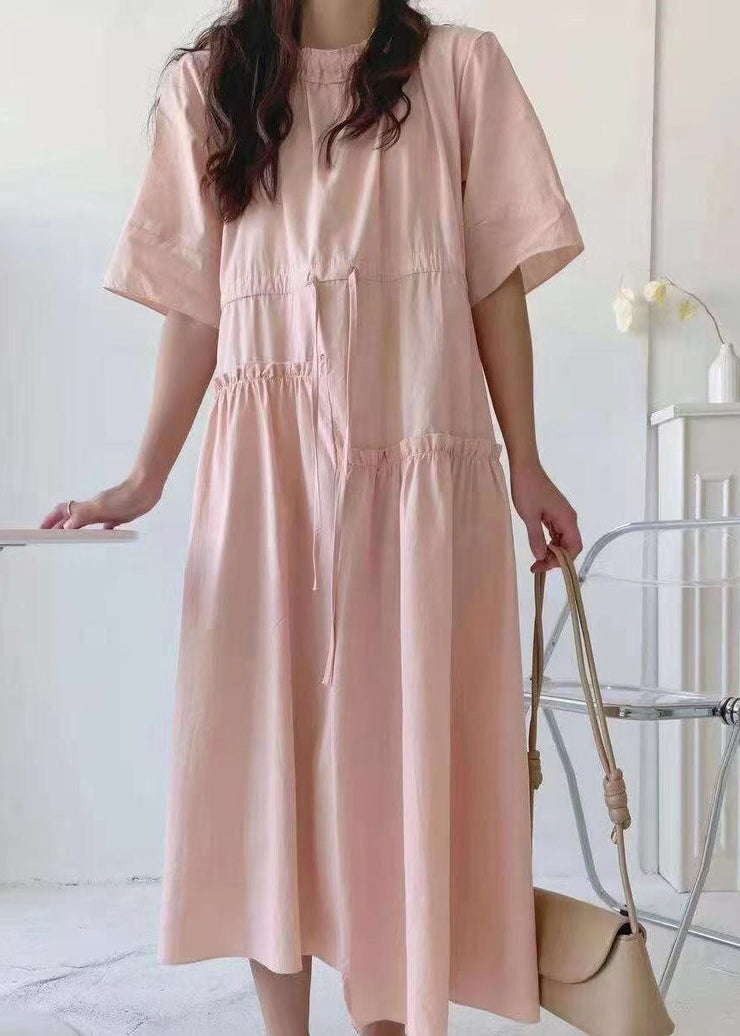 Women Pink O-Neck Asymmetrical Patchwork Cotton Dress Summer