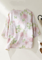 Women Pink O Neck Button Print Linen Shirts Bracelet Sleeve