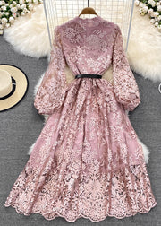 Women Pink O-Neck Embroideried Floral Tunic Sashes Tulle Maxi Dress Lantern Sleeve