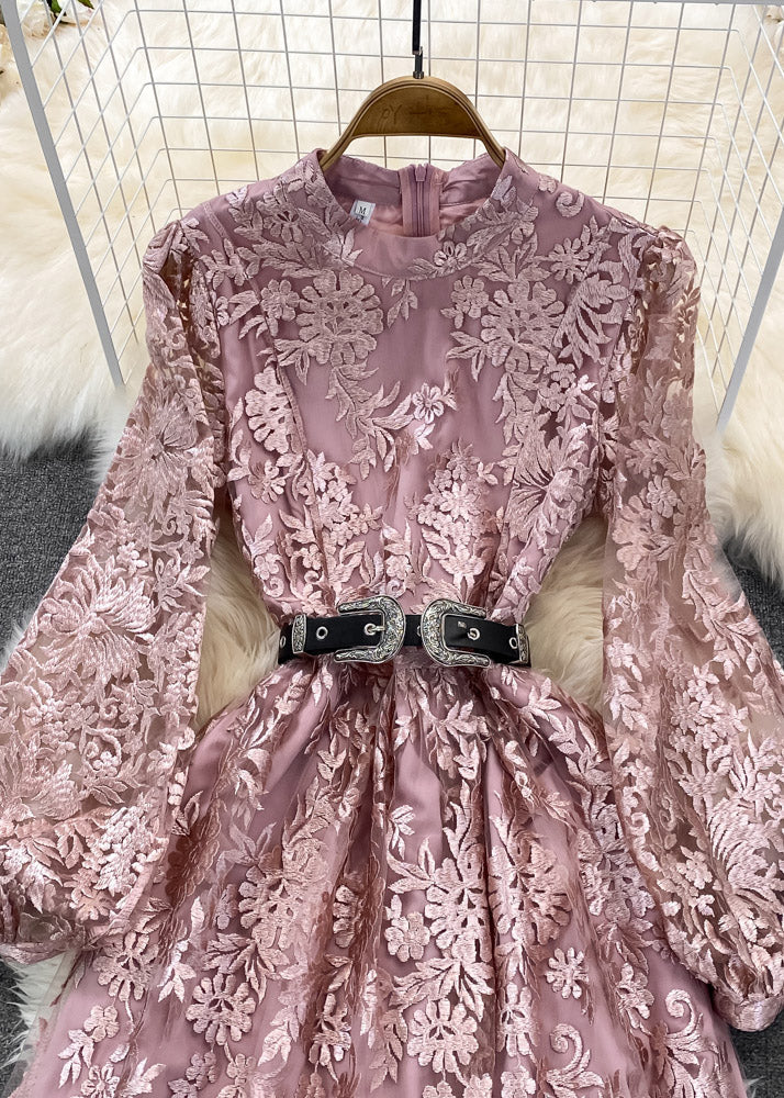 Women Pink O-Neck Embroideried Floral Tunic Sashes Tulle Maxi Dress Lantern Sleeve