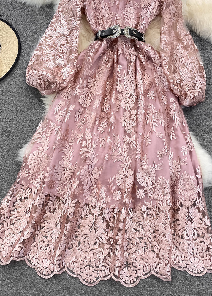 Women Pink O-Neck Embroideried Floral Tunic Sashes Tulle Maxi Dress Lantern Sleeve