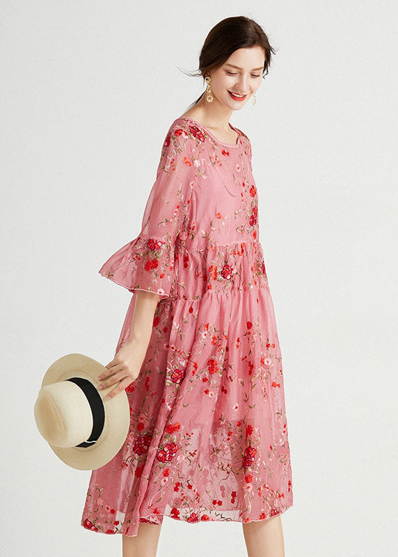 Women Pink O-Neck Embroideried Lace Dresses Two Piece Set Summer