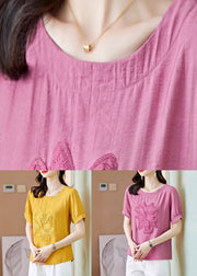 Women Pink O Neck Embroideried Patchwork Linen T Shirt Top Summer