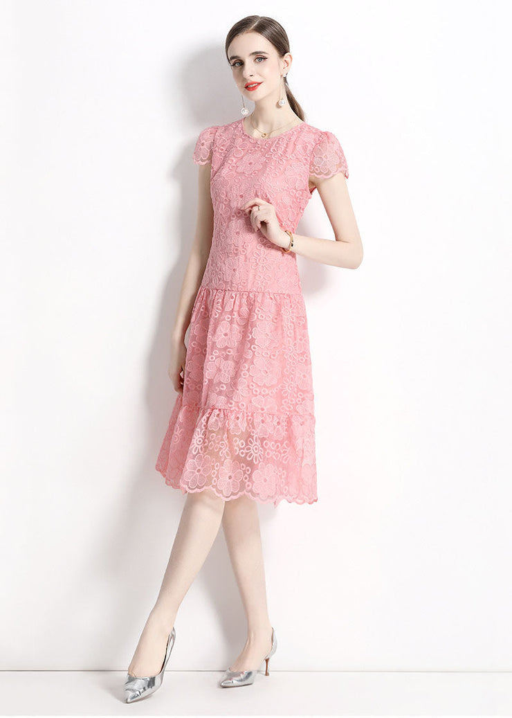 Women Pink O Neck Hollow Out Embroideried Patchwork Lace Dresses Summer