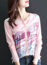 Women Pink O-Neck Patchwork Knit Cardigan Spring