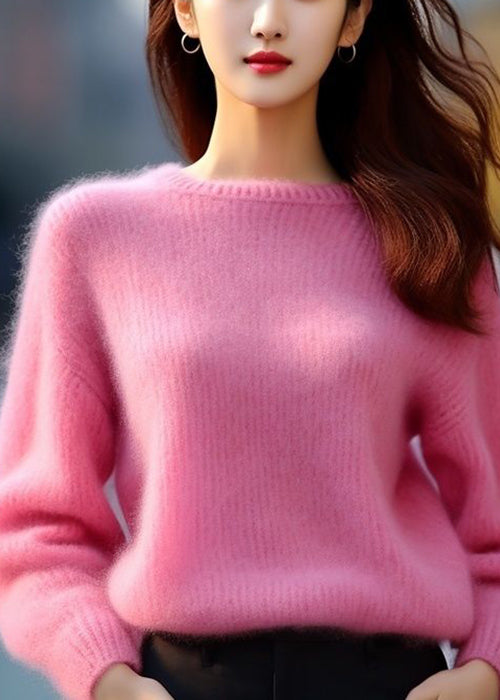 Women Pink O Neck Solid Cotton Knit Sweaters Spring