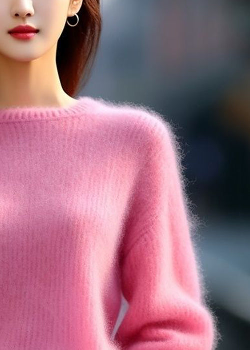 Women Pink O Neck Solid Cotton Knit Sweaters Spring