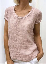 Women Pink O-Neck Solid Cotton T Shirt Summer