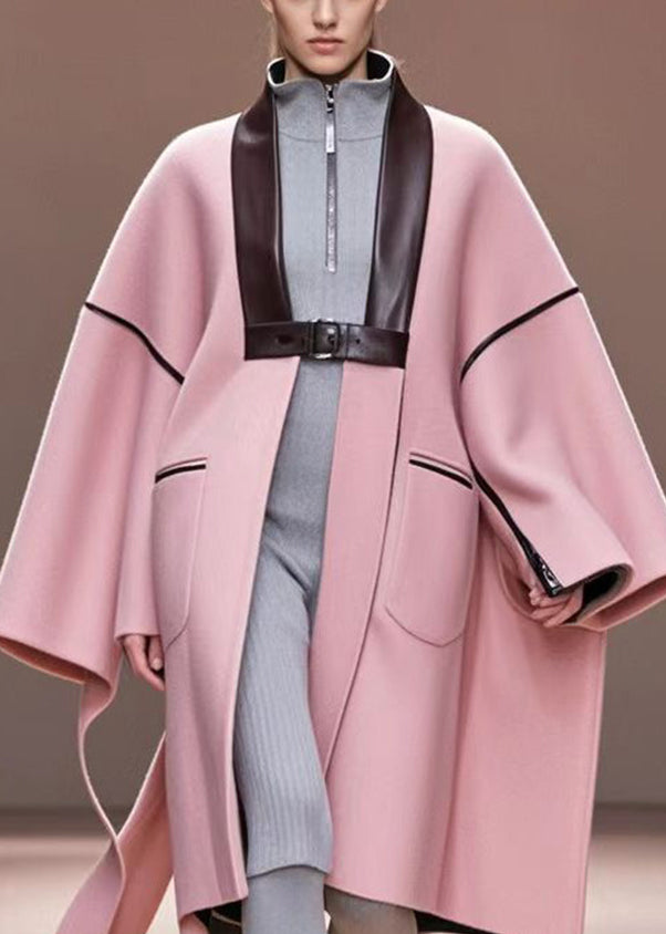 Women Pink Oversized Patchwork Woolen Trench Fall