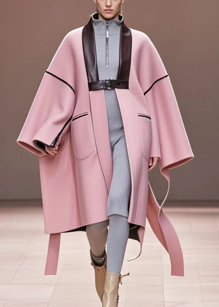 Women Pink Oversized Patchwork Woolen Trench Fall