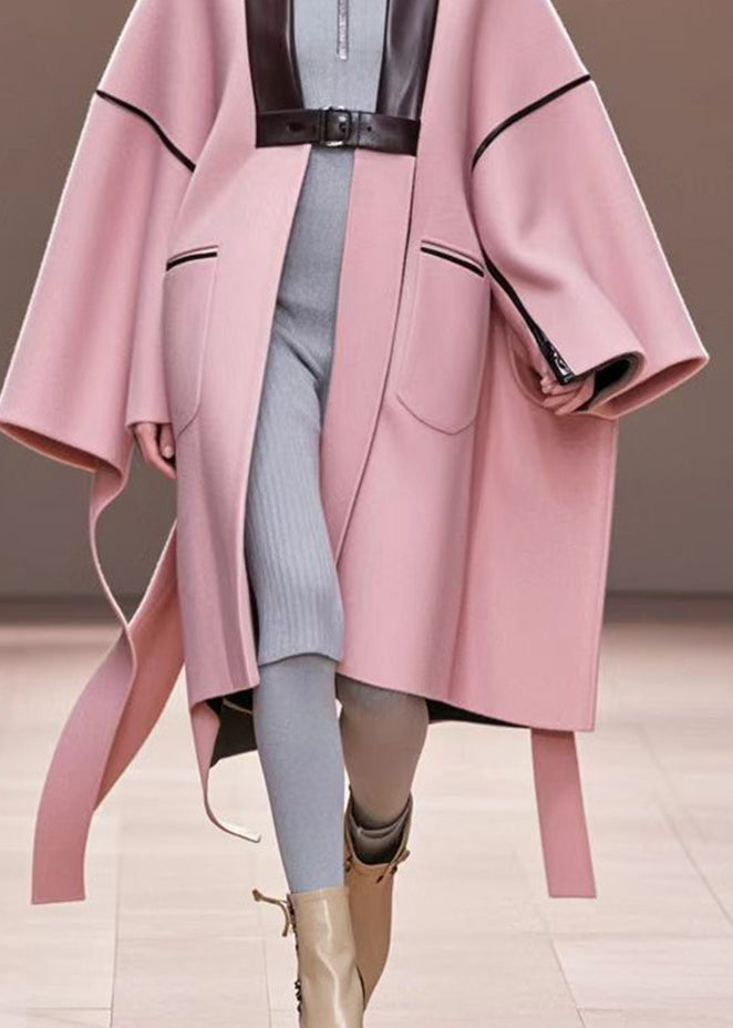 Women Pink Oversized Patchwork Woolen Trench Fall