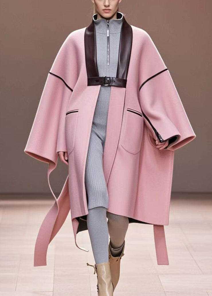 Women Pink Oversized Patchwork Woolen Trench Fall