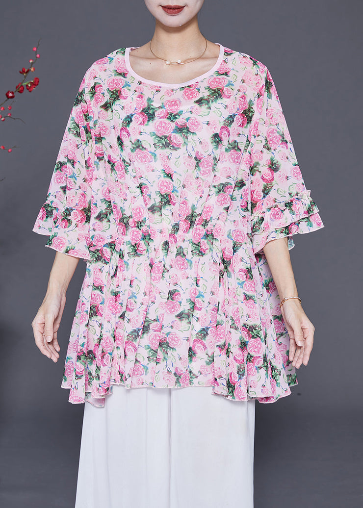 Women Pink Oversized Print Chiffon Tops Flare Sleeve