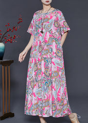 Women Pink Oversized Print Cotton Ankle Dress Summer