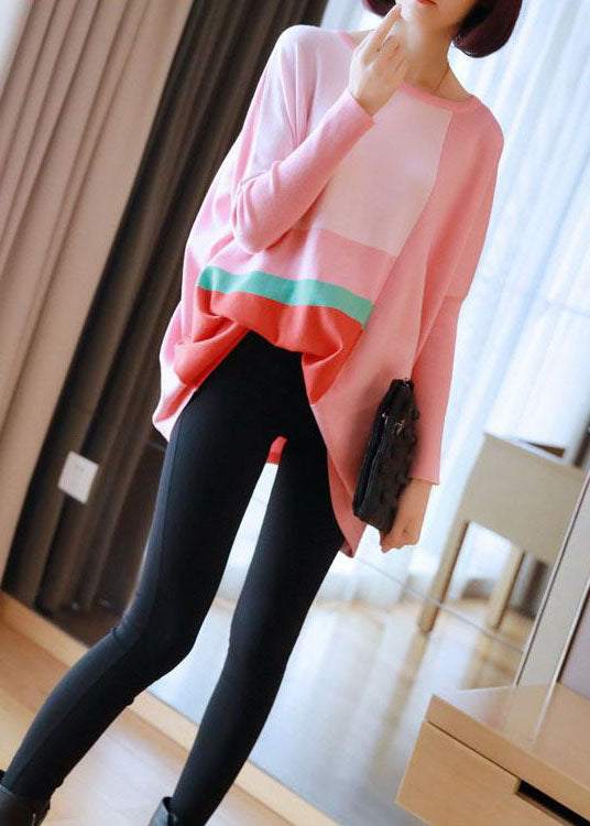 Women Pink Oversized Print Knit Tops Spring