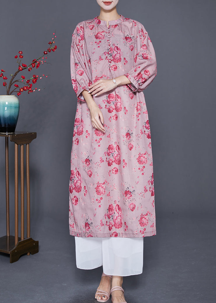 Women Pink Oversized Print Linen Maxi Dresses Bracelet Sleeve