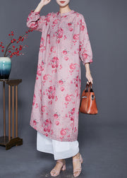 Women Pink Oversized Print Linen Maxi Dresses Bracelet Sleeve