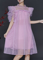 Women Pink Oversized Tulle Vacation Dress Butterfly Sleeve