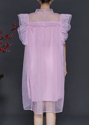 Women Pink Oversized Tulle Vacation Dress Butterfly Sleeve