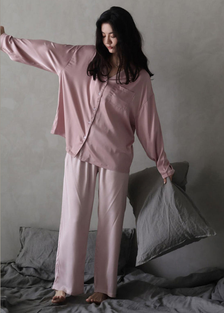 Women Pink Peter Pan Collar Button Cozy Ice Silk Pajamas Two Piece Set Long Sleeve