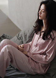 Women Pink Peter Pan Collar Button Cozy Ice Silk Pajamas Two Piece Set Long Sleeve