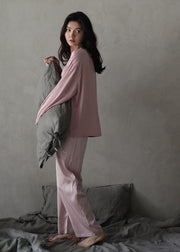 Women Pink Peter Pan Collar Button Cozy Ice Silk Pajamas Two Piece Set Long Sleeve