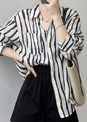 Women Pink Peter Pan Collar Striped Linen Shirt Tops Fall