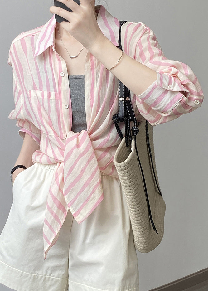 Women Pink Peter Pan Collar Striped Linen Shirt Tops Fall