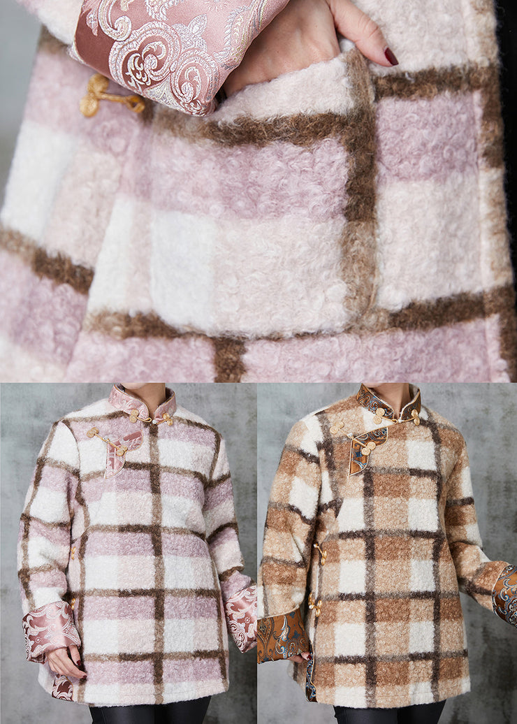 Women Pink Plaid Fine Cotton Filled Woolen Chinese Style Coats Spring